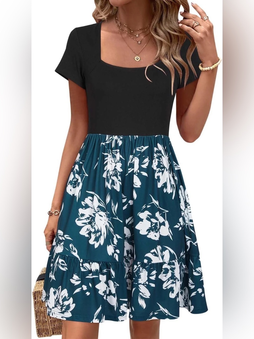 Black & Teal Floral Midi Dress
